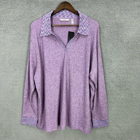Isaac Mizrahi  Purple Ribbed Knit Long Sleeve Collared Shirt‎ Womens 2X Preppy - Picture 1 of 7
